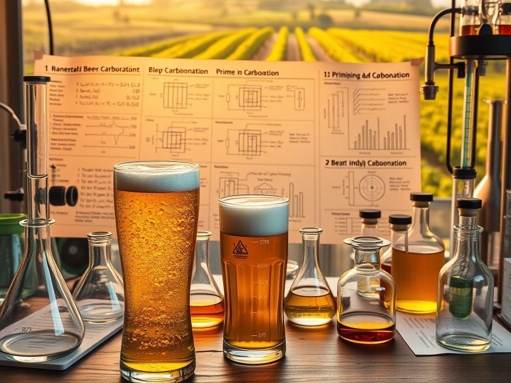 A detailed scientific formula surrounded by laboratory equipment, beakers, vials, and a bubbly, carbonated beer pour in the foreground. The setup is illuminated by a warm, golden light that casts a cozy, inviting atmosphere. The middle ground features technical diagrams, charts, and calculations related to priming and carbonation, while the background showcases a view of an Italian countryside vineyard or hop farm, reflecting the article's focus on natural, homemade beer production. The overall scene conveys a sense of precision, experimentation, and the joy of crafting the perfect brew.