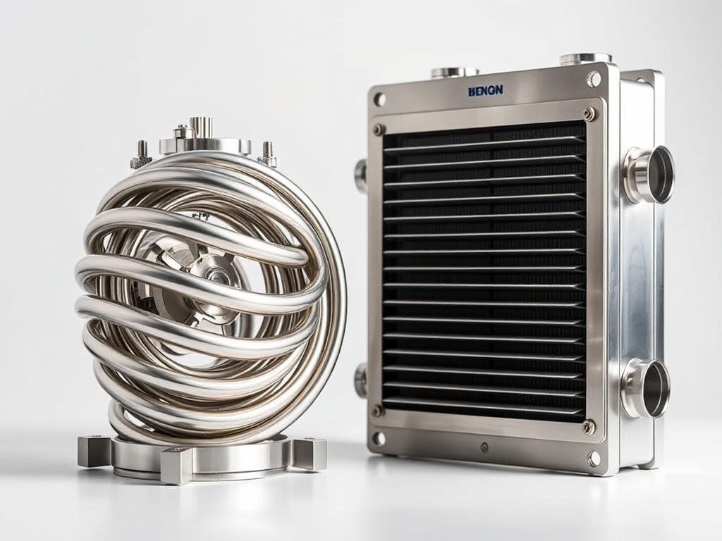 A detailed side-by-side comparison of a beer wort cooling coil and a plate heat exchanger, captured in a sleek, industrial-inspired style. Gleaming stainless steel surfaces reflect the soft lighting, highlighting the intricate mechanisms and engineering details of each cooling system. The foreground showcases the compact, spiral design of the wort cooling coil, while the background features the elegant, modular construction of the plate heat exchanger. The composition emphasizes the contrast and functionality of these two efficient wort cooling solutions, set against a neutral, minimalist backdrop to showcase their technical merits.