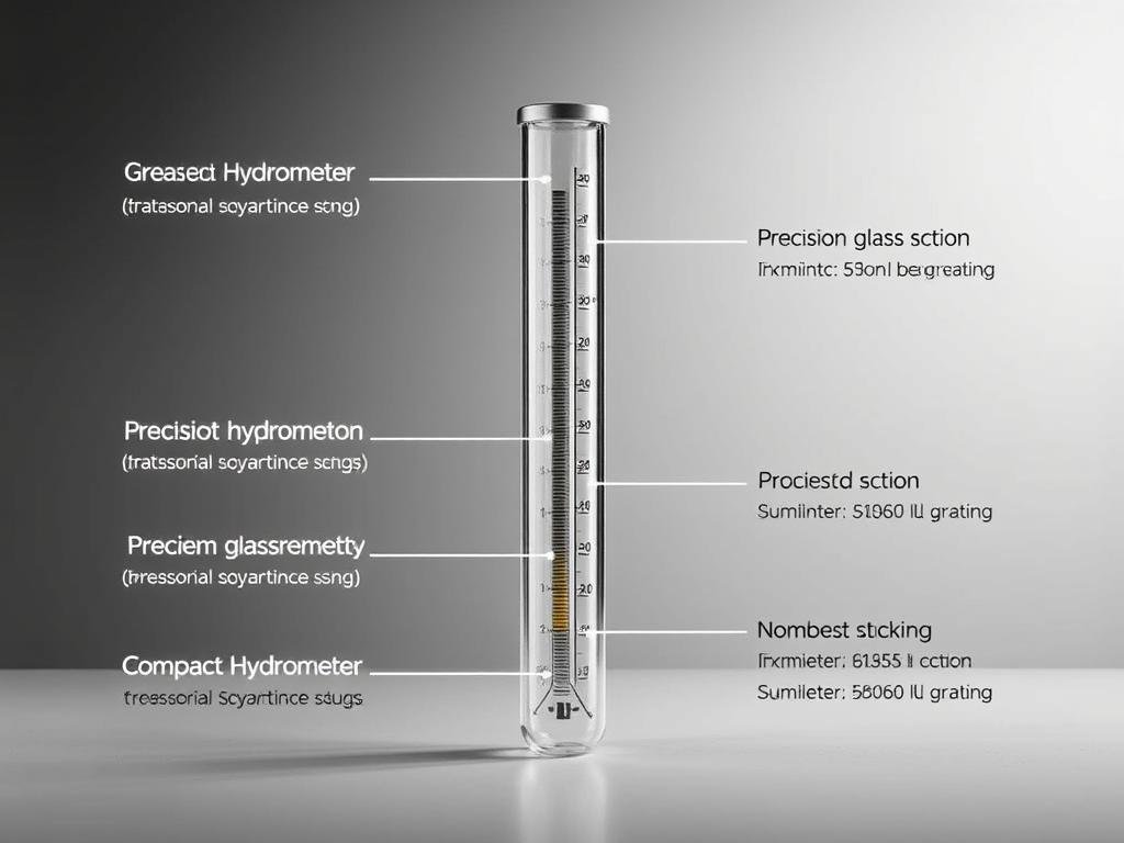 A detailed, technical illustration of the key features and specifications of a beer hydrometer. Set against a clean, minimalist background inspired by modern industrial design. Prominent display of the hydrometer's graduated scale, precision glass construction, and compact cylindrical shape. Soft, diffused studio lighting emphasizes the clarity and quality of the measurement instrument. Angle showcases the hydrometer's functionality and ease of use for determining beer density. Muted color palette of greys, whites, and metallic tones conveys a professional, authoritative tone suitable for a technical article on beer brewing equipment.