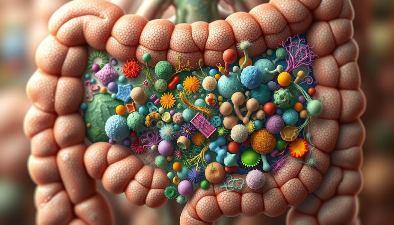 A detailed, vibrant illustration of the human intestinal microbiome ecosystem. Show an intricate network of symbiotic bacteria, fungi, and other microorganisms thriving within the digestive tract. Depict the microbiota in a colorful, organic composition, with diverse shapes, textures, and hues that convey their essential role in maintaining gut health and overall wellbeing. Set the scene against a softly blurred backdrop of the intestinal lining, with muted earthy tones that evoke the natural, probiotic-rich environment. Employ a high-resolution, photorealistic style that effectively communicates the complexity and significance of this vital, yet often overlooked, internal ecosystem.