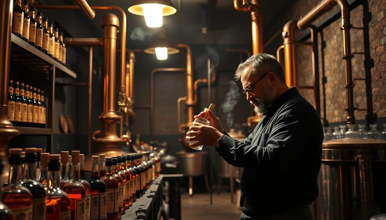 A dimly lit Italian distillery, with brass stills and copper piping glinting in the soft light. Bottles of amber liquid line the shelves, their labels showcasing intricate designs. In the foreground, a skilled artisan carefully blends botanicals, meticulously measuring each ingredient to craft the perfect amaro. The air is heavy with the aroma of citrus, herbs, and spices, creating an atmosphere of tradition and expertise. Shadows dance across the walls, hinting at the care and attention poured into every step of the production process. The scene evokes a sense of heritage and the mastery of regional techniques that have been passed down through generations.