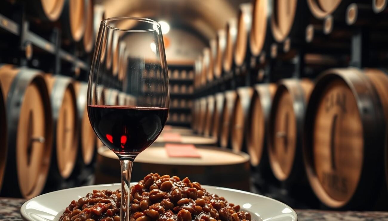 A dimly lit Italian wine cellar, with rows of wooden barrels and shelves adorned with dusty bottles. In the foreground, a glass of deep red wine, its ruby hues reflecting the soft, warm lighting. Nearby, a plate of hearty lentil ragù, the thick sauce glistening with a hint of olive oil. The aroma of the dish mingles with the earthy scents of the wine, creating an inviting atmosphere. The scene is captured through a narrow depth of field, emphasizing the pairing and drawing the viewer's attention to the perfect harmony between the lentil dish and the carefully selected wine. A dimly lit Italian wine cellar, with rows of wooden barrels and shelves adorned with dusty bottles. In the foreground, a glass of deep red wine, its ruby hues reflecting the soft, warm lighting. Nearby, a plate of hearty lentil ragù, the thick sauce glistening with a hint of olive oil. The aroma of the dish mingles with the earthy scents of the wine, creating an inviting atmosphere. The scene is captured through a narrow depth of field, emphasizing the pairing and drawing the viewer's attention to the perfect harmony between the lentil dish and the carefully selected wine.