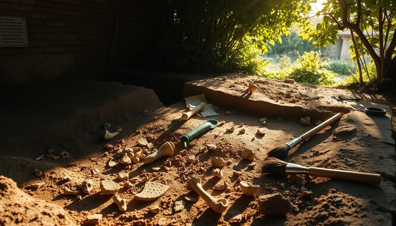 A dimly lit archaeological site, with ancient ceramic shards and bone fragments strewn across the weathered earth. Sunlight filters through the canopy of an overgrown garden, casting a warm, golden glow over the unearthed remnants of early domestic pig remains. Carefully positioned trowels and brushes suggest the meticulous excavation of these historical artifacts, providing a tangible connection to the origins of pig husbandry in Italy. The scene evokes a sense of reverence and scholarly curiosity, inviting the viewer to imagine the stories hidden within these fragile, time-worn relics.