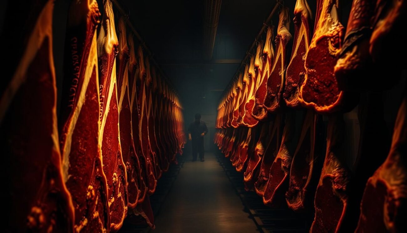 A dimly lit, atmospheric rendering of a meat aging room. The foreground features carefully hung slabs of beef, the rich, marbled flesh contrasted against the warm, amber lighting. The middle ground showcases the intricate process of frollatura, with workers meticulously measuring parameters and monitoring temperature and humidity levels. In the background, rows of aging racks recede into the shadowy depths, conveying the artisanal and scientific nature of this traditional Italian technique. The scene evokes a sense of reverence for the craft of meat maturation, with a moody, almost cinematic quality.