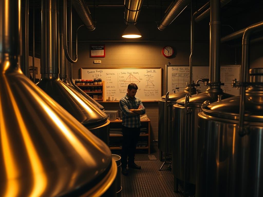 A dimly lit brewery interior, with gleaming stainless steel tanks and intricate piping dominating the foreground. In the middle ground, a brewmaster carefully monitors the fermentation process, observing the bubbling liquid and making precise adjustments. The background features shelves of carefully labeled ingredients and a whiteboard covered in calculations and diagrams, reflecting the optimization and efficiency of the brewing operation. The scene is illuminated by warm, golden lighting, creating a sense of focus and precision. The overall atmosphere conveys the artisanal, scientific nature of small-batch beer production.