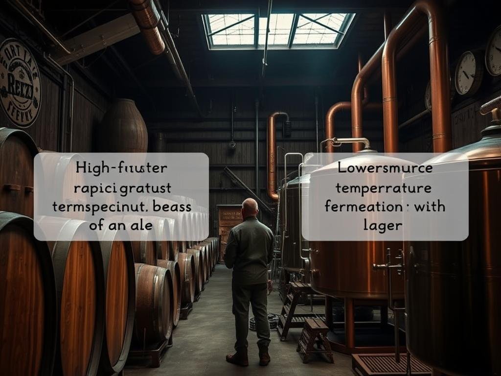 A dimly lit brewing facility, with aging oak barrels and copper fermentation tanks lining the walls. The air is thick with the earthy aroma of yeast and hops. In the foreground, a skilled brewer carefully monitors the temperature and specific gravity of the fermenting wort, adjusting the conditions to coax out the desired flavors and aromas. The middle ground reveals the stark contrast between the high-temperature, rapid fermentation of an ale, and the slower, lower-temperature fermentation of a lager. The background showcases the natural, handcrafted process, with vintage brewing equipment and a rustic, industrial ambiance. The image conveys the art and science of beer fermentation, highlighting the key differences between ale and lager production. A dimly lit brewing facility, with aging oak barrels and copper fermentation tanks lining the walls. The air is thick with the earthy aroma of yeast and hops. In the foreground, a skilled brewer carefully monitors the temperature and specific gravity of the fermenting wort, adjusting the conditions to coax out the desired flavors and aromas. The middle ground reveals the stark contrast between the high-temperature, rapid fermentation of an ale, and the slower, lower-temperature fermentation of a lager. The background showcases the natural, handcrafted process, with vintage brewing equipment and a rustic, industrial ambiance. The image conveys the art and science of beer fermentation, highlighting the key differences between ale and lager production.