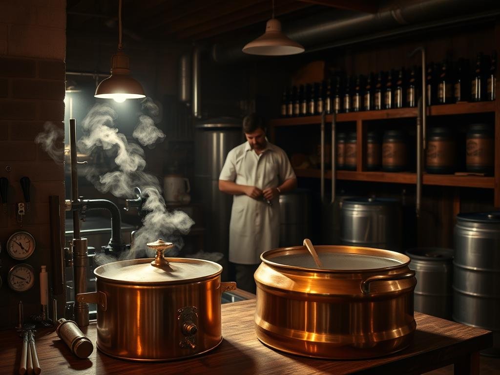 A dimly lit brewing workshop, the air heavy with the aroma of freshly milled grains. In the foreground, a gleaming copper kettle sits atop a sturdy countertop, steam gently rising from its contents. Alongside, an array of brewing tools - thermometers, hydrometers, and a well-worn mash paddle - suggest the intricate process of crafting artisanal beer. In the middle ground, a brewer, clad in a crisp white apron, carefully monitors the temperature and pH of the mash, ensuring the perfect balance for a successful brew. In the background, shelves laden with bottles and kegs hint at the final product, the fruits of their labor. The scene exudes a sense of precision, dedication, and the artistry inherent in the craft of small-batch brewing.