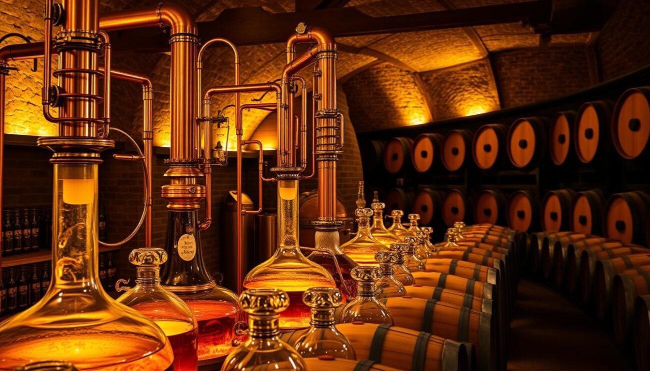 A dimly lit cellar, bathed in warm amber hues, showcases an array of glass vessels filled with the alluring essence of distilled wine. Intricate copper stills, polished to a lustrous shine, stand as sentinels, their coils and chambers revealing the meticulous craft of Italian wine distillation. Rows of oak barrels, each bearing the unique character of its vintage, line the shelves, hinting at the complex flavors and aromas that will emerge from the aging process. The scene exudes a sense of tradition, tradition steeped in the rich heritage of Italy's winemaking legacy, where each bottle tells a story of the land, the climate, and the skilled hands that have nurtured the distillates within.
