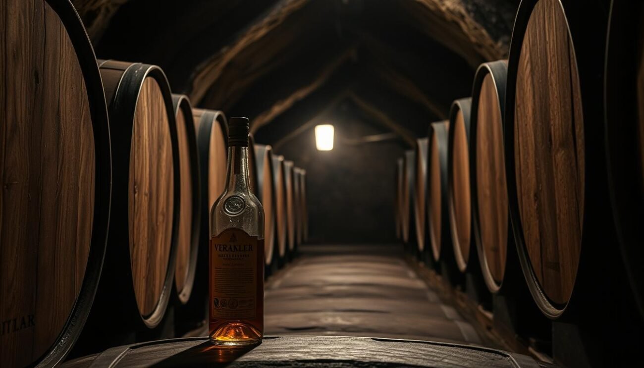 A dimly lit cellar, the air thick with the aroma of aging spirits. Rows of oak barrels line the walls, their surfaces weathered and worn, each one a silent witness to the passage of time. The light from a single lantern casts long shadows, highlighting the intricate patterns etched into the wood, a testament to the care and craftsmanship that goes into distilling the perfect dram. A bottle of Italian liquor stands prominently in the foreground, its label slightly faded, hinting at the years spent slumbering in this tranquil sanctuary. The scene evokes a sense of reverence, a reverence for the art of distillation and the essential role that water plays in the maturation of these cherished spirits. A dimly lit cellar, the air thick with the aroma of aging spirits. Rows of oak barrels line the walls, their surfaces weathered and worn, each one a silent witness to the passage of time. The light from a single lantern casts long shadows, highlighting the intricate patterns etched into the wood, a testament to the care and craftsmanship that goes into distilling the perfect dram. A bottle of Italian liquor stands prominently in the foreground, its label slightly faded, hinting at the years spent slumbering in this tranquil sanctuary. The scene evokes a sense of reverence, a reverence for the art of distillation and the essential role that water plays in the maturation of these cherished spirits.