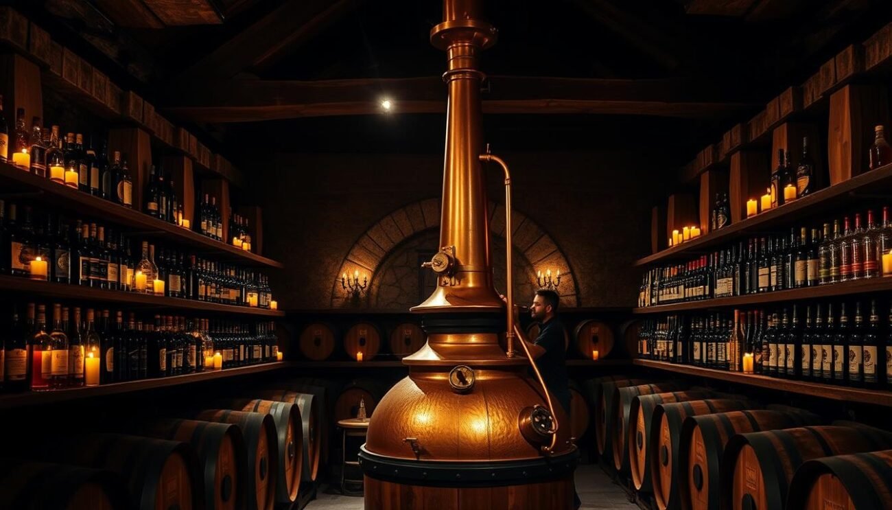A dimly lit cellar, the warm glow of candlelight casting shadows on the aged wooden barrels. Bottles of Italian distillates line the shelves, their labels hinting at centuries-old traditions. In the center, a master distiller meticulously inspects the copper still, its intricate design a testament to the artistry of Italian craftsmanship. The air is thick with the aroma of toasted oak and the subtle notes of the region's indigenous grapes. The scene evokes a timeless elegance, a celebration of Italy's rich distilling heritage and the passionate pursuit of the perfect spirit.
