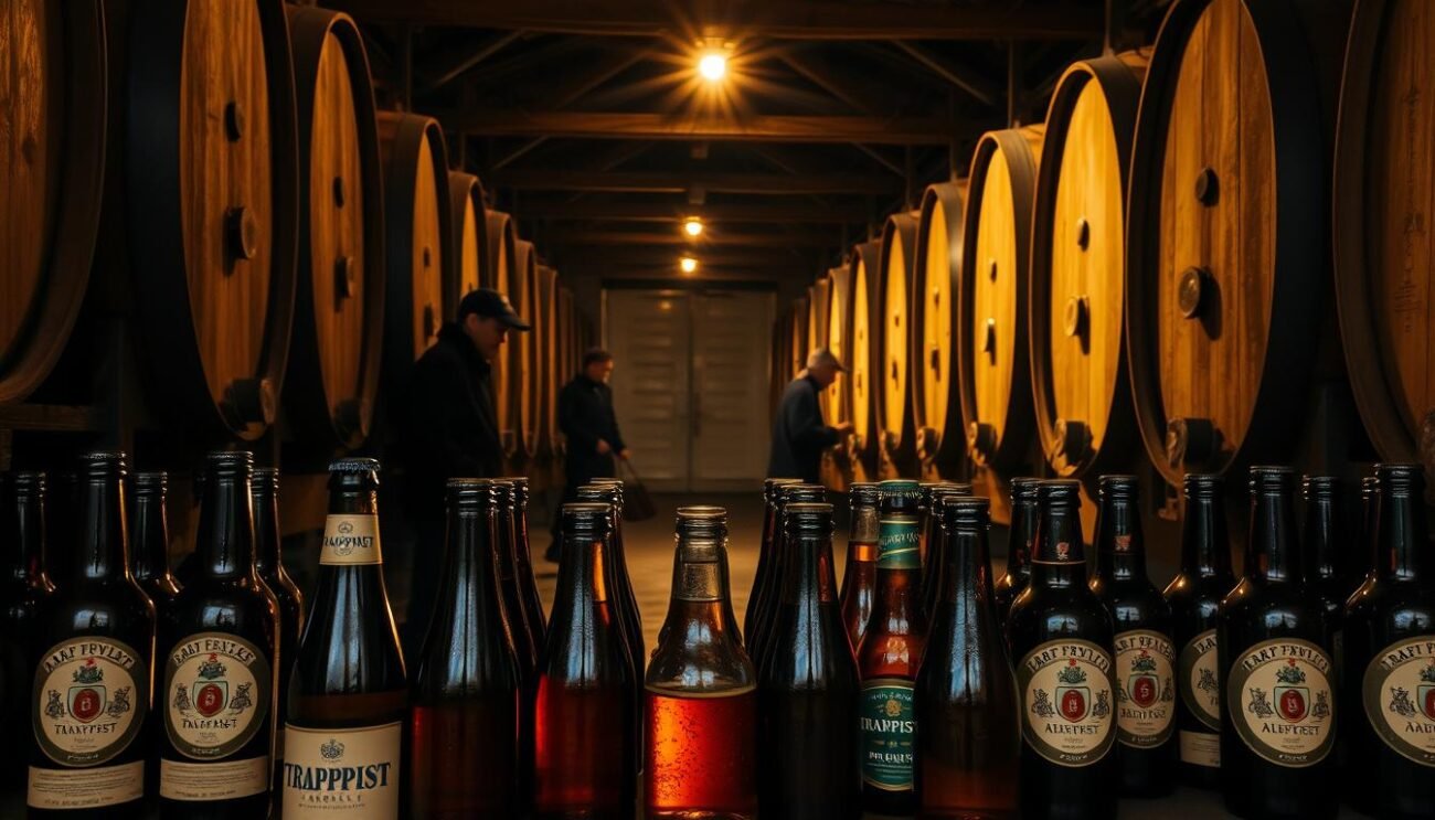 A dimly lit cellar, where the scent of yeast and hops permeates the air. Rows of wooden barrels stand tall, their surfaces weathered by time. In the foreground, an array of artisanal bottles, their labels proudly displaying the iconic Trappist and Abbey beer insignia. Soft, golden light filters through the scene, casting a warm glow on the deep amber and russet hues of the liquids within. Shadowy figures move about, tending to the delicate fermentation process, their movements deliberate and methodical. The atmosphere exudes a sense of tradition, history, and the craftsmanship that goes into the creation of these exceptional Belgian-style ales.