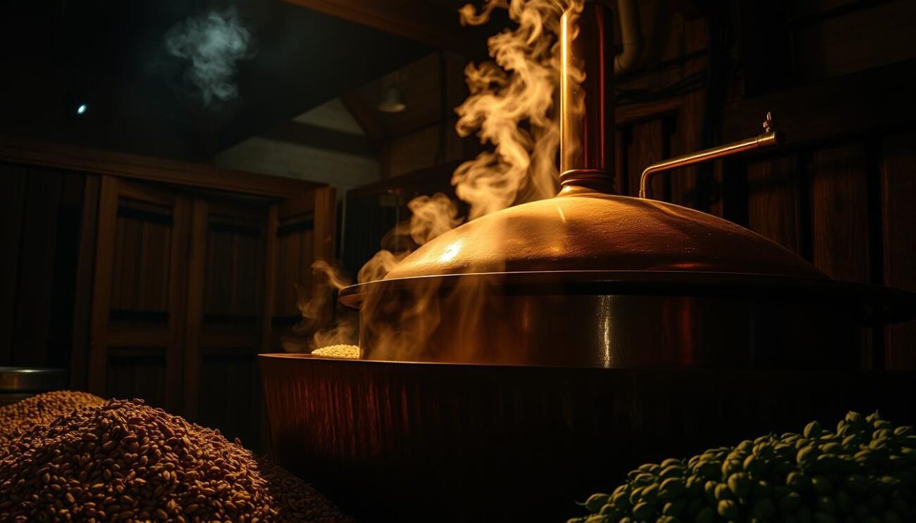 A dimly lit copper brewing kettle, steam gently rising, as yeast cultures bubble and churn within, transforming the mash into a rich, amber elixir. Malted barley and aromatic hops line the scene, their earthy scents mingling with the yeasty aroma. Overhead, a warm glow illuminates the fermentation process, the heart of the alchemical transformation that gives birth to the beloved, foamy nectar. Shadows dance across the weathered wooden beams, hinting at the timeless craftsmanship that has shaped this artisanal process for generations. A sense of patience and tradition pervades the atmosphere, as the brewmaster carefully monitors the brew, ensuring the perfect balance of flavors.