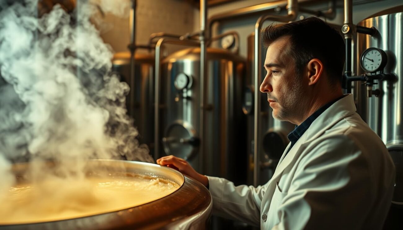 A dimly lit copper brewing kettle, steam rising from the golden liquid within. Stainless steel fermentation tanks line the background, their intricate gauges and valves hinting at the scientific precision of the brewing process. The air is thick with the earthy aroma of fresh hops and the subtle tang of yeast. A skilled brewer in a crisp white coat examines the bubbling wort, their brow furrowed in concentration as they monitor the crucial fermentation stage. The scene evokes a sense of tradition and expertise, capturing the essence of the "Tecniche di Fermentazione: Differenze Essenziali" within the article.