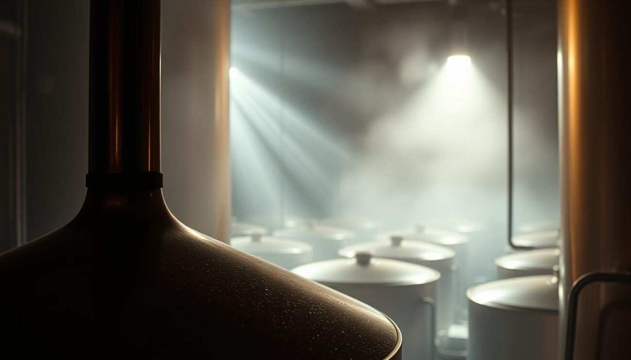 A dimly lit, copper-colored fermentation tank sits in the foreground, its contents gently bubbling with the active fermentation process. Beams of soft, warm light filter through the tank's glass walls, casting a hazy, amber glow across the scene. In the middle ground, rows of similar tanks are visible, each in various stages of the sour beer fermentation cycle. The background is hazy, with a sense of atmospheric depth, evoking the humid, yeast-laden air of a traditional brewery. The overall mood is one of scientific intrigue and the artful precision of the sour beer making process. A dimly lit, copper-colored fermentation tank sits in the foreground, its contents gently bubbling with the active fermentation process. Beams of soft, warm light filter through the tank's glass walls, casting a hazy, amber glow across the scene. In the middle ground, rows of similar tanks are visible, each in various stages of the sour beer fermentation cycle. The background is hazy, with a sense of atmospheric depth, evoking the humid, yeast-laden air of a traditional brewery. The overall mood is one of scientific intrigue and the artful precision of the sour beer making process.