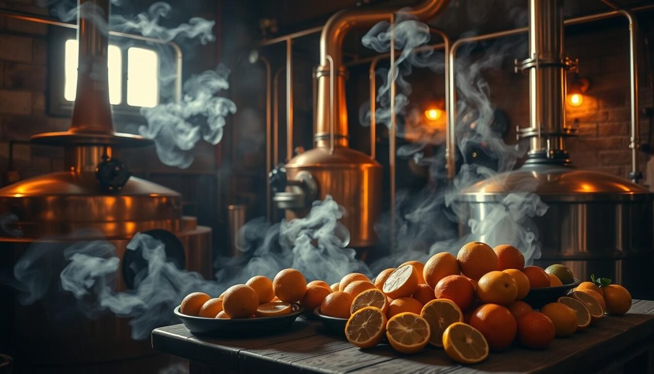 A dimly lit copper distillery, gleaming under warm golden light. Vibrant citrus fruits, freshly harvested, rest on a wooden table, their fragrant oils ready to be extracted. Skilled hands carefully tend to the process, as stainless steel apparatus bubble and hiss, coaxing out the essence of these Italian treasures. Ambient steam swirls, casting a misty veil over the scene, evoking the artisanal tradition of liqueur distillation. The air is thick with the tantalizing aroma of sun-ripened lemons, bergamot, and mandarin, promising a symphony of flavors to come. A timeless, artisanal depiction of the craft of "distillazione liquori agrumi".