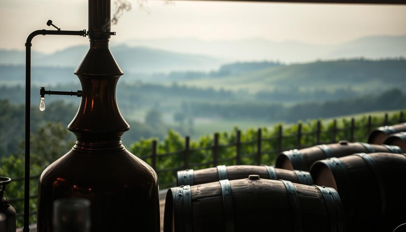 A dimly lit copper still stands in the foreground, steam gently rising from its spout. The mid-ground features rows of oak barrels, their weathered surfaces glistening in the soft lighting. In the background, a lush, verdant landscape unfolds, with rolling hills and a hazy, atmospheric sky. The scene conveys a sense of artisanal craft, tradition, and the natural beauty that inspires the creation of premium wine and spirits. The lighting is warm and muted, creating a cozy, intimate atmosphere. The camera angle is slightly elevated, providing a panoramic view of the distillation process in its pastoral setting.