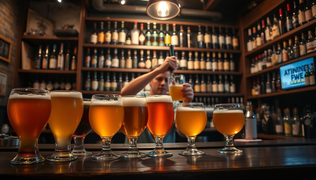A dimly lit, cozy craft beer bar interior, with a focus on the evolution of artisanal beer. The foreground showcases a lineup of various beer glasses, each filled with a different style of craft beer, from classic IPAs to experimental brews. The middle ground features a bartender pouring a fresh pint, their arms in motion, conveying the art of pouring the perfect pour. In the background, shelves display an array of bottled craft beers, their labels and colors suggesting the diversity of the artisanal beer landscape. Soft, warm lighting bathes the scene, creating an intimate, inviting atmosphere, evoking a sense of the craft beer culture's growth and transformation over time. A dimly lit, cozy craft beer bar interior, with a focus on the evolution of artisanal beer. The foreground showcases a lineup of various beer glasses, each filled with a different style of craft beer, from classic IPAs to experimental brews. The middle ground features a bartender pouring a fresh pint, their arms in motion, conveying the art of pouring the perfect pour. In the background, shelves display an array of bottled craft beers, their labels and colors suggesting the diversity of the artisanal beer landscape. Soft, warm lighting bathes the scene, creating an intimate, inviting atmosphere, evoking a sense of the craft beer culture's growth and transformation over time.