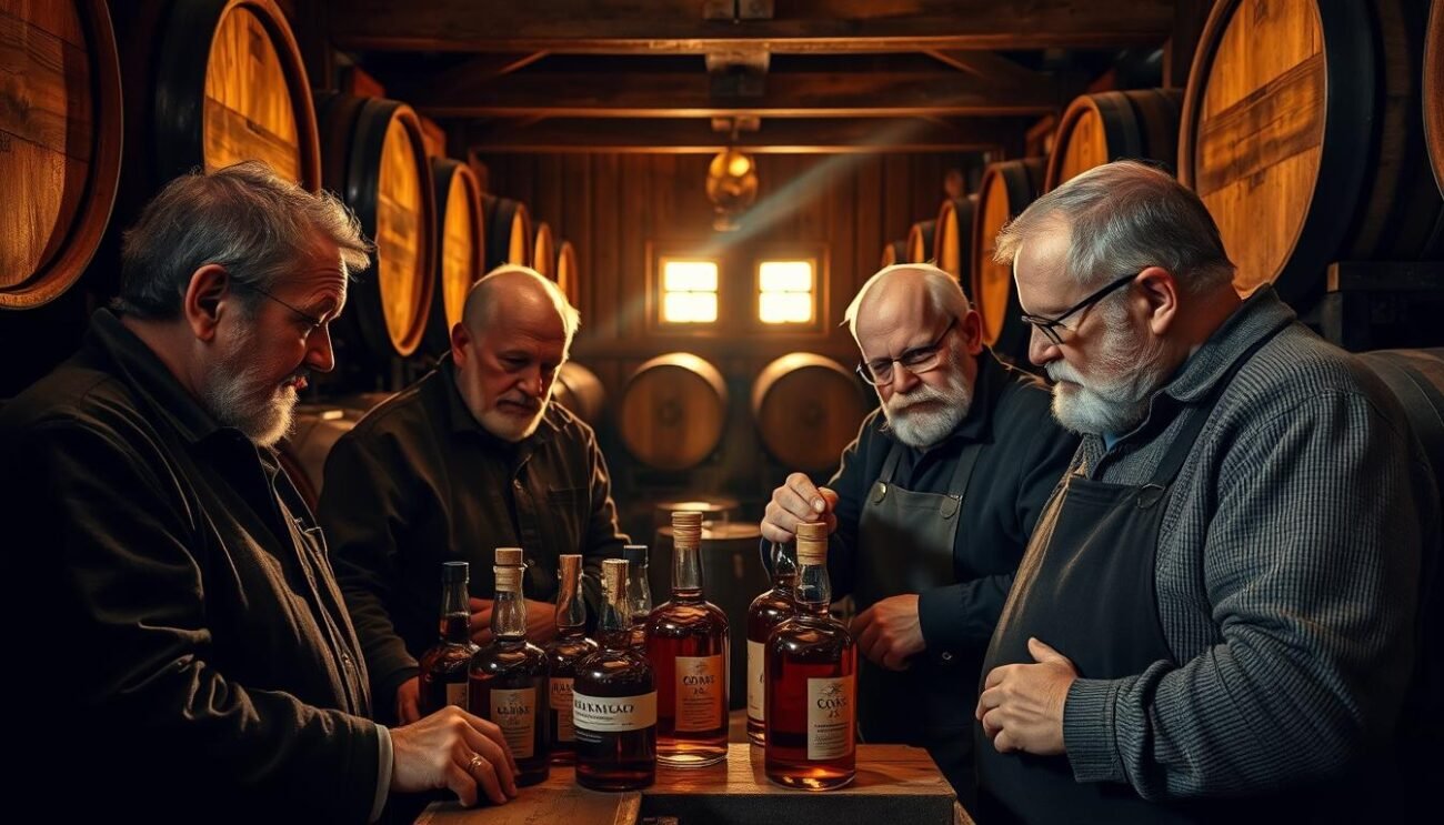 A dimly lit, cozy wooden cellar with rows of aging oak barrels. Beams of golden light filter through small windows, casting a warm glow on the artisan's tools and bottles of amber-hued brandy. In the foreground, four veteran distillers, each with a unique expression, meticulously inspect the precious liquid, discussing its subtleties with the reverence of virtuosos. Their faces are weathered, reflecting decades of experience. The scene evokes a sense of tradition, craftsmanship and the proud heritage of Italian microdistillation.