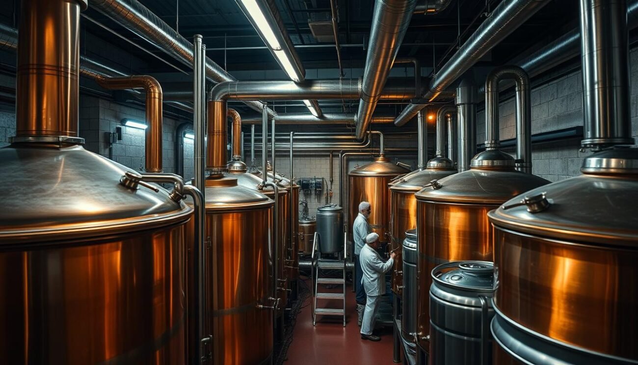 A dimly lit industrial brewery, copper tanks gleaming under soft lighting. Bubbling vats of unfermented wort, hops and grains lining the shelves. Technicians in white coats monitor the precise temperature and pressure, ensuring the delicate process of dealcoholization. Stainless steel pipes wind along the ceiling, carrying the filtered, alcohol-free liquid into gleaming kegs. The air is thick with the earthy, hoppy aroma of the craft brewing process, yet devoid of the typical intoxicating notes. This is the heart of non-alcoholic beer production, where tradition and innovation converge to create a refreshing, guilt-free indulgence.