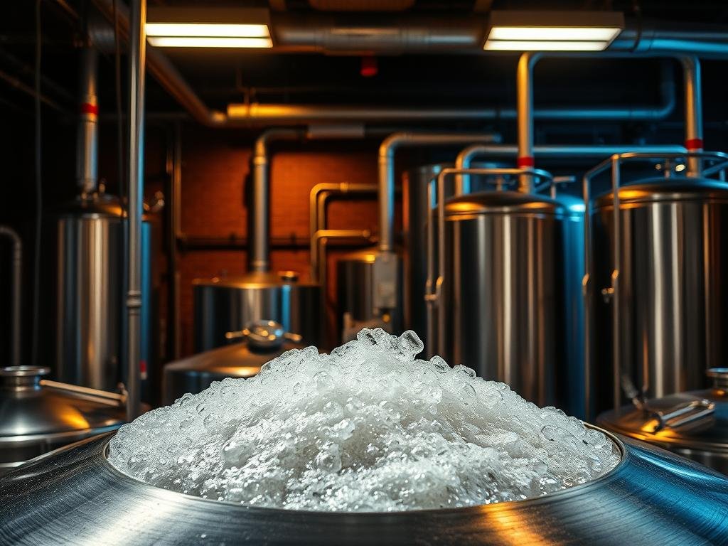A dimly lit industrial-style brewery, with gleaming stainless steel equipment and a warm amber glow from overhead lighting. In the foreground, a large stainless steel fermenting tank stands, its lid slightly ajar, revealing the active fermentation process taking place within. Frothy bubbles rise to the surface, signaling the vigorous activity of yeast hard at work converting sugars into alcohol. The middle ground showcases additional tanks and pipework, while the background fades into the shadows, hinting at the larger scale of the production facility. The scene conveys a sense of precision, control, and the art of winemaking, perfectly capturing the "Preparazione del Mosto e Controllo della Fermentazione" stage of the brewing process.