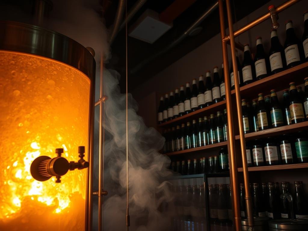 A dimly lit interior, hazy with the warm glow of a fermentation tank. Gleaming copper pipes and valves hint at the precision behind the process. Yeast cultures bubble and dance, their effervescent dance a symphony of biological transformation. Carefully calibrated temperature and humidity sensors monitor the crucial stages of fermentation, guiding the maturation of this homemade craft beer. In the background, shelves hold an array of bottles, each label a testament to the brewer's artistry. This is the heart of the home brewing experience, where science and passion converge to create a unique, flavorful beverage. A dimly lit interior, hazy with the warm glow of a fermentation tank. Gleaming copper pipes and valves hint at the precision behind the process. Yeast cultures bubble and dance, their effervescent dance a symphony of biological transformation. Carefully calibrated temperature and humidity sensors monitor the crucial stages of fermentation, guiding the maturation of this homemade craft beer. In the background, shelves hold an array of bottles, each label a testament to the brewer's artistry. This is the heart of the home brewing experience, where science and passion converge to create a unique, flavorful beverage.