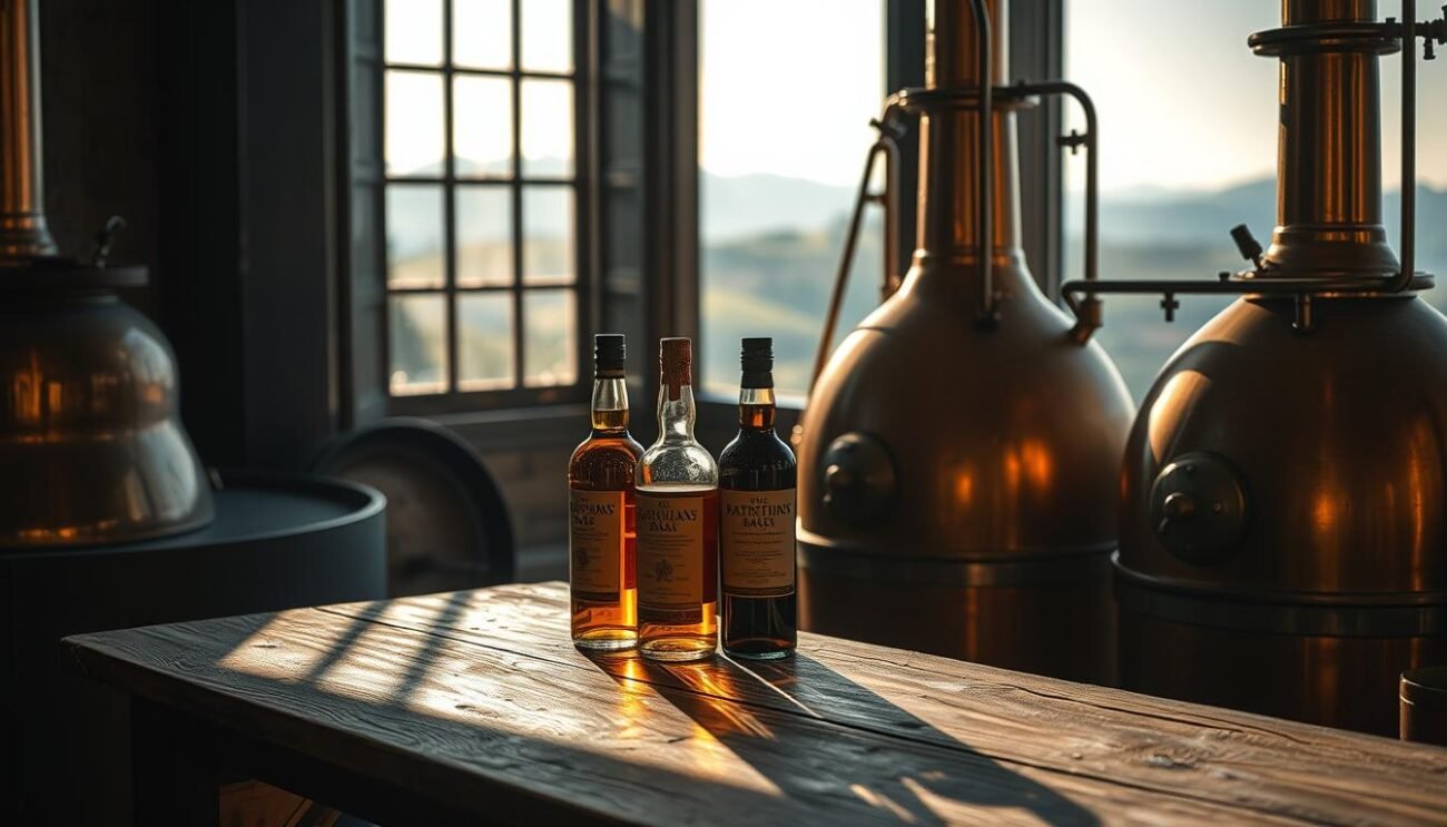 A dimly lit interior, the gleam of copper stills casting a warm glow. Bottles of amber liquids sit atop a weathered wooden table, their labels hinting at the craft and care poured into their making. In the background, a window offers a glimpse of rolling hills and a hazy sky, the serene landscape a testament to the importance of water in the distillation process. Shadows play across the scene, highlighting the textures and tones of the materials, creating an atmosphere of artisanal tradition and quality. The composition invites the viewer to imagine the care and attention that goes into crafting these Italian distillates, where the purity of the water is as essential as the skill of the distiller. A dimly lit interior, the gleam of copper stills casting a warm glow. Bottles of amber liquids sit atop a weathered wooden table, their labels hinting at the craft and care poured into their making. In the background, a window offers a glimpse of rolling hills and a hazy sky, the serene landscape a testament to the importance of water in the distillation process. Shadows play across the scene, highlighting the textures and tones of the materials, creating an atmosphere of artisanal tradition and quality. The composition invites the viewer to imagine the care and attention that goes into crafting these Italian distillates, where the purity of the water is as essential as the skill of the distiller.