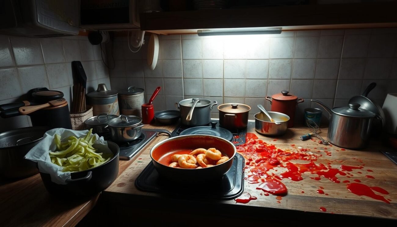 A dimly lit kitchen countertop, cluttered with mismatched pots, pans, and spilled ingredients. A half-cooked shrimp sauce simmers on the stove, the aroma of garlic and tomatoes mingling with the acrid smell of burnt onions. Splatters of crimson sauce dot the worn, wooden surface, a testament to the chaos of an inexperienced chef's attempt. Overhead, the harsh fluorescent lighting casts unforgiving shadows, highlighting the uneven texture of the sauce and the haphazard arrangement of the tools. The scene conveys a sense of frustration and the need for a better understanding of the delicate balance required to prepare the perfect shrimp sauce.