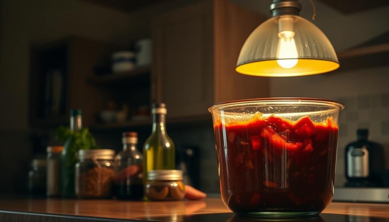 A dimly lit kitchen interior, the warm glow of a hanging pendant light casting a cozy ambiance. On the countertop, a glass container filled with a rich, burgundy-colored ragù di lenticchie, its surface glistening with a light sheen. Jars and bottles of various herbs, spices, and olive oil stand nearby, suggesting the care and attention poured into this delectable vegetarian alternative to the classic Bolognese. The scene evokes a sense of homemade comfort and culinary expertise, perfectly suited to illustrate the "Consigli per la Conservazione" section of the article. A dimly lit kitchen interior, the warm glow of a hanging pendant light casting a cozy ambiance. On the countertop, a glass container filled with a rich, burgundy-colored ragù di lenticchie, its surface glistening with a light sheen. Jars and bottles of various herbs, spices, and olive oil stand nearby, suggesting the care and attention poured into this delectable vegetarian alternative to the classic Bolognese. The scene evokes a sense of homemade comfort and culinary expertise, perfectly suited to illustrate the "Consigli per la Conservazione" section of the article.