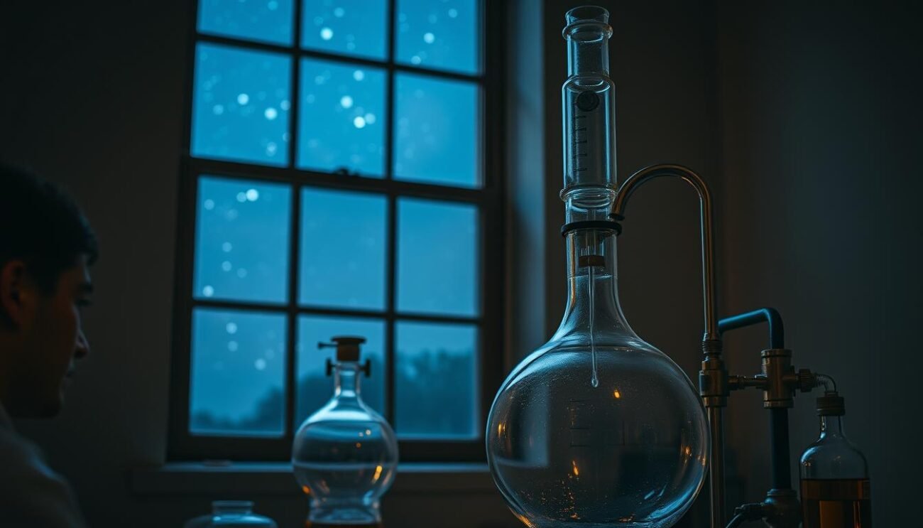A dimly lit laboratory setting, a large glass distillation apparatus dominates the scene. The glassware is intricate, with a round bottom flask, a long neck, and a condensing coil. Soft, warm lighting illuminates the setup, casting gentle shadows and highlighting the elegant curves of the apparatus. In the background, a window provides a view of a starry night sky, creating a sense of tranquility and focus. The overall atmosphere is one of scientific inquiry, with a touch of vintage charm. The equipment is precise, meticulously arranged, and ready to perform the delicate process of vacuum distillation.