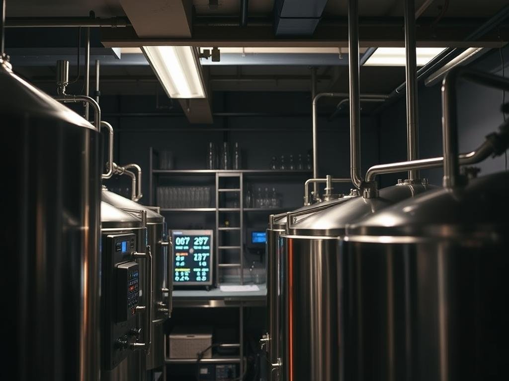 A dimly lit laboratory setting, showcasing the intricate process of beer fermentation. In the foreground, a series of stainless steel fermentation tanks, their sleek surfaces reflecting the soft glow of overhead lighting. Beside them, an array of digital displays and control panels, their screens displaying a range of parameters - temperature, specific gravity, pH levels - all meticulously monitored and adjusted. In the background, lab equipment and glassware, hinting at the scientific rigor that goes into crafting the perfect brew. The scene conveys a sense of precision, control, and the delicate balance required to achieve the desired flavors and aromas in the final product.