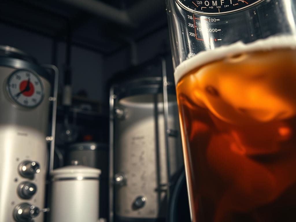 A dimly lit laboratory setting, with bubbling fermentation tanks and a thermometer displaying the temperature data. In the foreground, a close-up view of a glass vessel filled with a swirling, amber-colored liquid, capturing the essence of the beer-making process. The muted lighting casts soft shadows, creating a contemplative atmosphere, while the background showcases various scientific instruments and equipment, hinting at the technical aspects of the craft. The scene should evoke a sense of scientific inquiry and the careful balance required to achieve the perfect fermentation temperature for a lager or ale. A dimly lit laboratory setting, with bubbling fermentation tanks and a thermometer displaying the temperature data. In the foreground, a close-up view of a glass vessel filled with a swirling, amber-colored liquid, capturing the essence of the beer-making process. The muted lighting casts soft shadows, creating a contemplative atmosphere, while the background showcases various scientific instruments and equipment, hinting at the technical aspects of the craft. The scene should evoke a sense of scientific inquiry and the careful balance required to achieve the perfect fermentation temperature for a lager or ale.