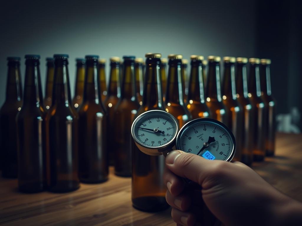 A dimly lit laboratory setting, with rows of glass beer bottles neatly arranged on a wooden table. The bottles are illuminated by a soft, warm light, casting subtle shadows that accentuate their contours. In the foreground, a hand-held pressure gauge is carefully monitoring the carbonation level of one of the bottles, its digital display providing precise readings. The background is a neutral, slightly blurred backdrop, allowing the focus to remain on the meticulous process of controlling and monitoring the natural carbonation of the beer. The overall atmosphere conveys a sense of precision, care, and the artistry involved in the delicate balance of the priming process.