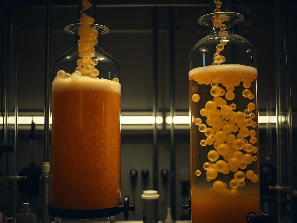 A dimly lit laboratory setting, with two distinct glass fermentation vessels. One vessel showcases the active, bubbly fermentation of a high-gravity, top-fermenting ale yeast, its vigorous bubbles rising towards the surface. The other vessel displays the slower, more subdued fermentation of a bottom-fermenting lager yeast, with smaller, more consistent bubbles. The vessels are surrounded by scientific equipment, such as hydrometers, pipettes, and measuring cylinders, hinting at the technical expertise required to monitor and control the fermentation process. The overall atmosphere is one of scientific inquiry and the art of crafting exceptional beer.