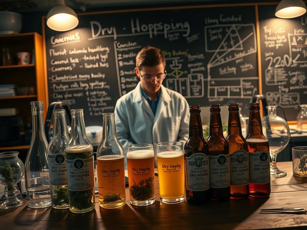 A dimly lit laboratory setting, with various glassware and scientific equipment on a wooden table. In the foreground, an array of beer bottles and glasses, each meticulously labeled with the dry hopping experiment details. In the middle ground, a researcher in a lab coat and safety goggles, examining the samples with a critical eye. The background features a chalkboard with handwritten notes and diagrams, illuminated by warm, focused lighting, creating an atmospheric and investigative mood. The scene captures the essence of comparative dry hopping experiments, conveying a sense of scientific inquiry and the pursuit of the perfect aromatic brew.