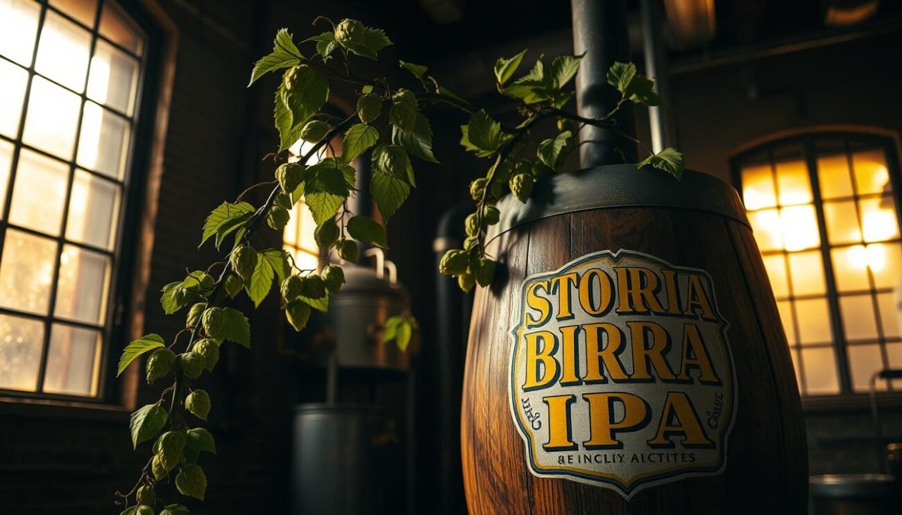 A dimly lit microbrewery interior, showcasing a verdant hop vine entwining around a rustic wooden barrel. Shafts of golden light filter through frosted glass windows, casting a warm, inviting glow. On the barrel, an artfully designed label reads "STORIA BIRRA IPA", its bold typography and vibrant colors capturing the essence of this distinctive craft beer. The scene evokes a sense of tradition, quality, and the passionate pursuit of flavorful, hop-forward IPAs that have captivated beer enthusiasts across Italy. A dimly lit microbrewery interior, showcasing a verdant hop vine entwining around a rustic wooden barrel. Shafts of golden light filter through frosted glass windows, casting a warm, inviting glow. On the barrel, an artfully designed label reads "STORIA BIRRA IPA", its bold typography and vibrant colors capturing the essence of this distinctive craft beer. The scene evokes a sense of tradition, quality, and the passionate pursuit of flavorful, hop-forward IPAs that have captivated beer enthusiasts across Italy.