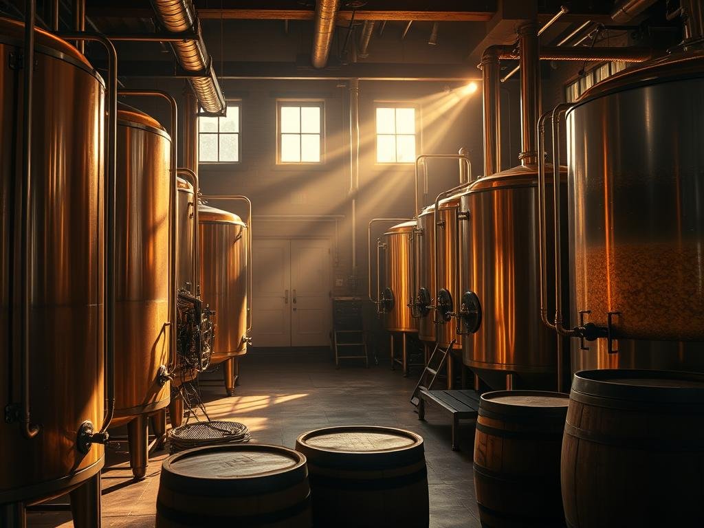 A dimly lit microbrewery scene, with copper brewing tanks and stainless steel equipment casting warm, hazy reflections. Yeast cultures bubble actively in transparent fermentation vessels, while the air is thick with the earthy, hoppy aroma of the brewing process. Malt-stained floors and wooden barrels create a rustic, artisanal atmosphere, evoking the craft and patience required for homemade beer production. Soft, golden lighting filters through the windows, casting a cozy, inviting glow over the entire scene. The overall mood is one of tradition, expertise, and the satisfaction of creating a quality, handcrafted product.