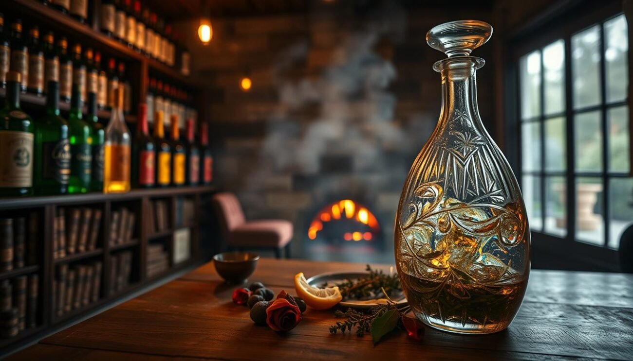 A dimly lit room, filled with the warm glow of a fireplace. Bottles of liquori aromatici line the shelves, their colorful labels hinting at the complex flavors within. In the foreground, a crystal decanter catches the light, its contents swirling with shimmering hues. The air is thick with the aroma of botanicals, carried on a gentle breeze through the open window. In the middle ground, a wooden table holds a few carefully arranged ingredients - juniper berries, citrus peels, and fragrant herbs. The background is hazy, suggesting the timeless tradition of cold maceration that has given rise to these captivating liqueurs.