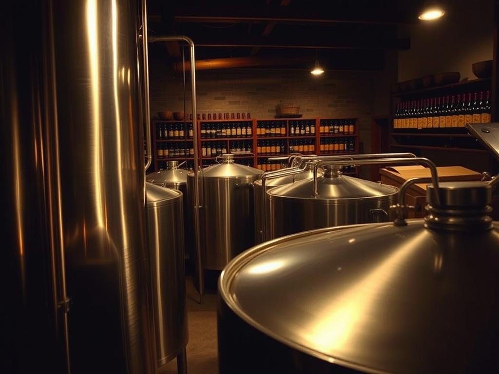 A dimly lit, rustic brewery interior. In the foreground, a large, stainless steel fermentation tank stands prominently, its shiny surface reflecting the soft, warm lighting. Subtle bubbles rise from the dark, golden liquid within, indicating the active, secondary fermentation process. The middle ground features an array of similar tanks, each at various stages of this critical maturation phase. In the background, shelves of aging bottles and casks line the walls, hinting at the patient, methodical nature of the craft. The overall atmosphere is one of quiet introspection, as the brewer carefully monitors the delicate balance of time, temperature, and chemistry that will ultimately yield the perfect pour.