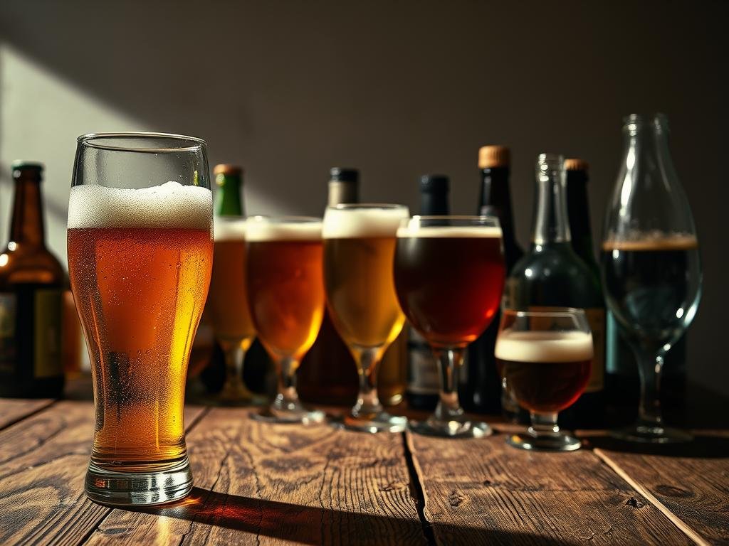 A dimly lit, rustic wooden table with a variety of beer glasses and bottles, showcasing the different types of off-flavors and defects commonly found in beer. In the foreground, a glass of beer with a hazy, cloudy appearance, representing visual defects. In the middle ground, an assortment of glassware with various aromatic and flavor profiles, capturing the olfactory and gustatory aspects of the subject. The background features a neutral, uncluttered setting, allowing the focus to remain on the beer-related elements. The lighting is warm and natural, casting subtle shadows and highlights to create depth and texture. The overall atmosphere conveys a sense of thoughtful analysis and exploration of the complexities of beer.