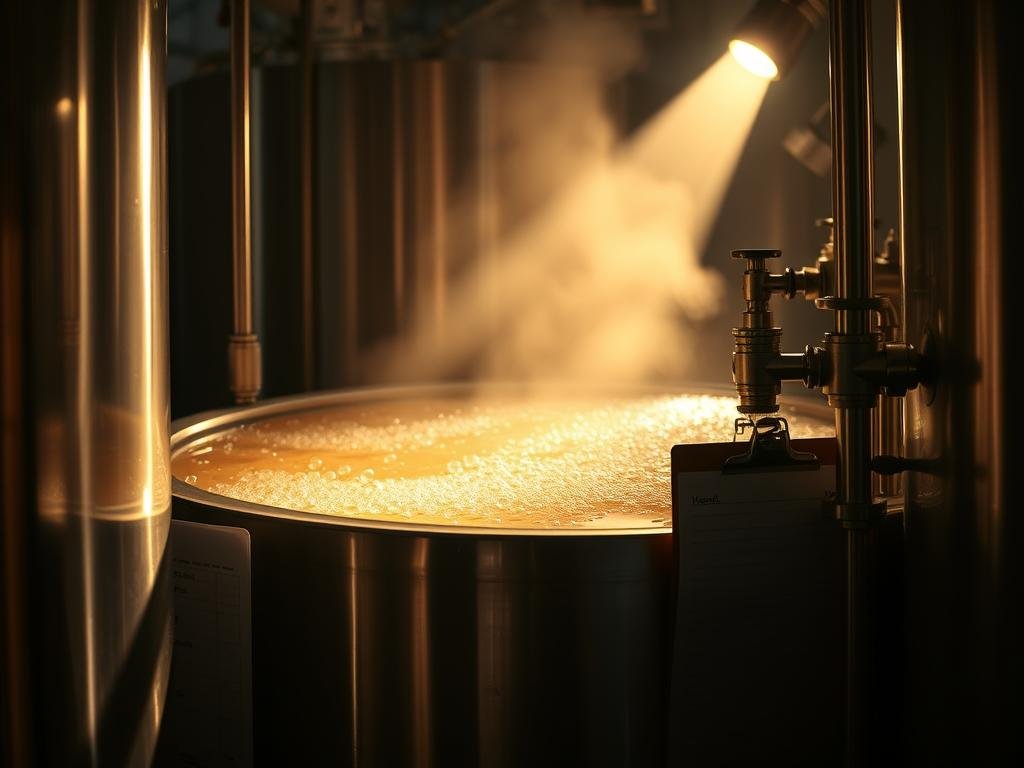 A dimly lit, steel fermentation tank in a modern microbrewery. Stainless steel walls and valves reflect the warm lighting, casting shadows across the scene. Bubbles slowly rise to the surface of the amber liquid, indicating an active fermentation process. The air is thick with the earthy aroma of fresh hops and yeast. A clipboard hangs on the side of the tank, hinting at the meticulous monitoring of temperature, gravity, and other critical parameters. The overall mood is one of controlled scientific precision, ensuring the quality and consistency of the final product.