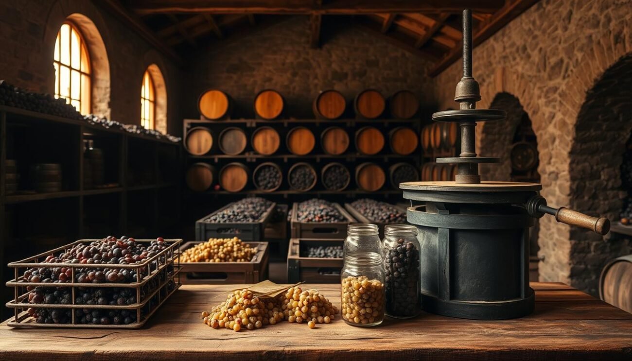 A dimly lit wine cellar, shelves lined with oak barrels and crates of freshly harvested grape pomace. Soft golden light filters through cobwebbed windows, casting a warm glow on the earthy, fermented aroma. In the foreground, a wooden table displays the various stages of pomace conservation - drying racks, sealed jars, and a vintage manual press. The background reveals a stone-walled interior, evocative of centuries-old winemaking traditions. A muted color palette, with hints of deep burgundy and rustic brown, conveys the timeless essence of this sustainable practice. The scene exudes a sense of reverence for the valuable byproduct, ready to be transformed into the finest grappas.