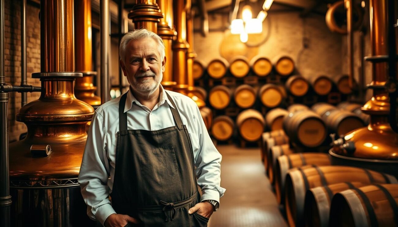 A distinguished Italian master distiller stands proudly in his distillery, surrounded by gleaming copper stills and the fragrant aroma of aging spirits. Donning a crisp white shirt and a well-worn apron, he carefully oversees the intricate process, his weathered hands guiding each step with the expertise of a seasoned craftsman. The warm, golden lighting casts a gentle glow, highlighting the intricate details of the traditional equipment and the distiller's focused expression. In the background, rows of oak barrels stand silent witness to the distiller's art, testament to his unwavering dedication to the time-honored tradition of Italian spirits.