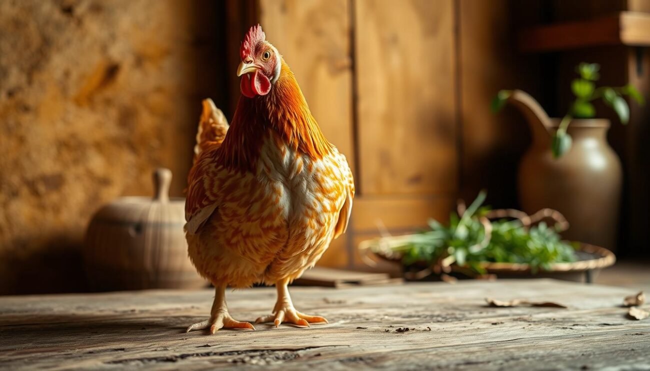 A free-range, high-quality chicken against a rustic, earthy backdrop. The bird stands proud, its feathers glimmering in the soft, natural lighting. In the foreground, the texture of the bird's skin and the rugged wood grain of the surface it rests on are captured in vivid detail. In the middle ground, a simple, uncluttered setting evokes an authentic, Italian farmhouse aesthetic. The background suggests a warm, countryside atmosphere, perhaps with hints of lush greenery or a weathered barn wall. The overall mood is one of artisanal craftsmanship, premium quality, and a connection to the land.
