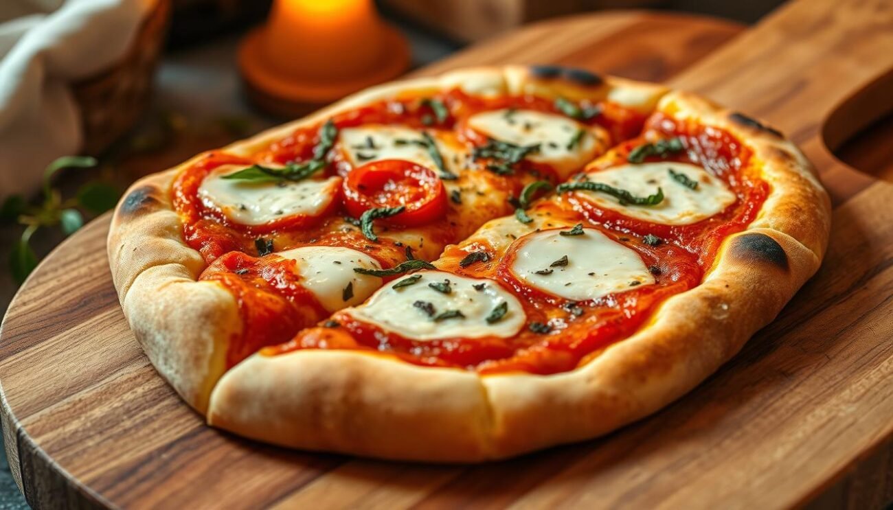 A freshly baked Roman-style pizza al taglio, generously sliced and presented on a rustic wooden board. The golden crust glistens under warm, diffused lighting, while the vibrant toppings - tangy tomato sauce, melted mozzarella, and aromatic herbs - beckon the viewer to take a bite. The slice is strategically angled to showcase its tempting layers, inviting the viewer to savor the authentic flavors of this classic Roman street food. The overall scene conveys a cozy, inviting atmosphere, suitable for enjoying this beloved regional delicacy.