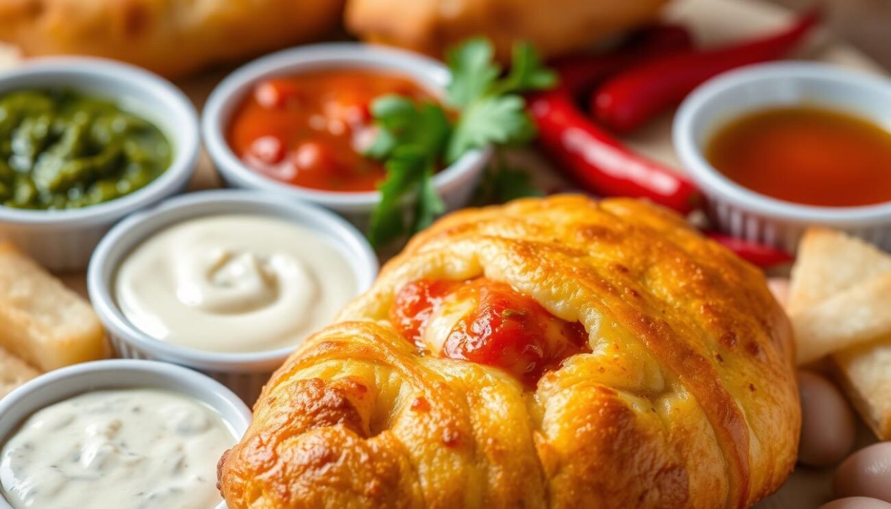 A freshly fried panzerotto, its golden-brown crust glistening under the warm light. Crisp, flaky pastry gives way to a molten center, oozing with melted mozzarella and savory tomato sauce. Surrounding the panzerotto are an array of colorful condiments and dipping sauces - vibrant green pesto, creamy white garlic aioli, and zesty red chili oil. The composition is artfully arranged, inviting the viewer to imagine the flavors and textures of this quintessential Puglian street food. The scene is captured with a shallow depth of field, drawing the eye to the panzerotto itself, while the background remains softly blurred, creating a sense of focus and emphasis on the star of the dish.