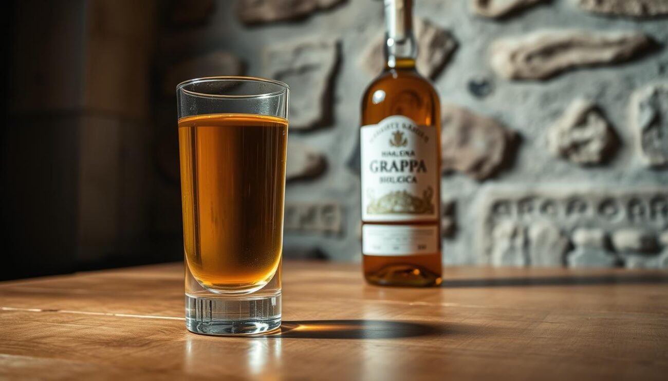 A glass filled with a clear, golden-amber liquid, resting on a wooden table. The glass is positioned in the foreground, casting a soft, warm glow on the surface. In the middle ground, a bottle of grappa biologica stands upright, its label prominently displayed. The background features a rustic, Italian-inspired setting, with a stone wall or wooden paneling, creating a cozy, intimate atmosphere. The lighting is natural, with soft, diffused illumination, emphasizing the translucency and depth of the grappa. The overall composition conveys a sense of artisanal craftsmanship, quality, and the pleasure of tasting and appreciating this distinctive Italian spirit.