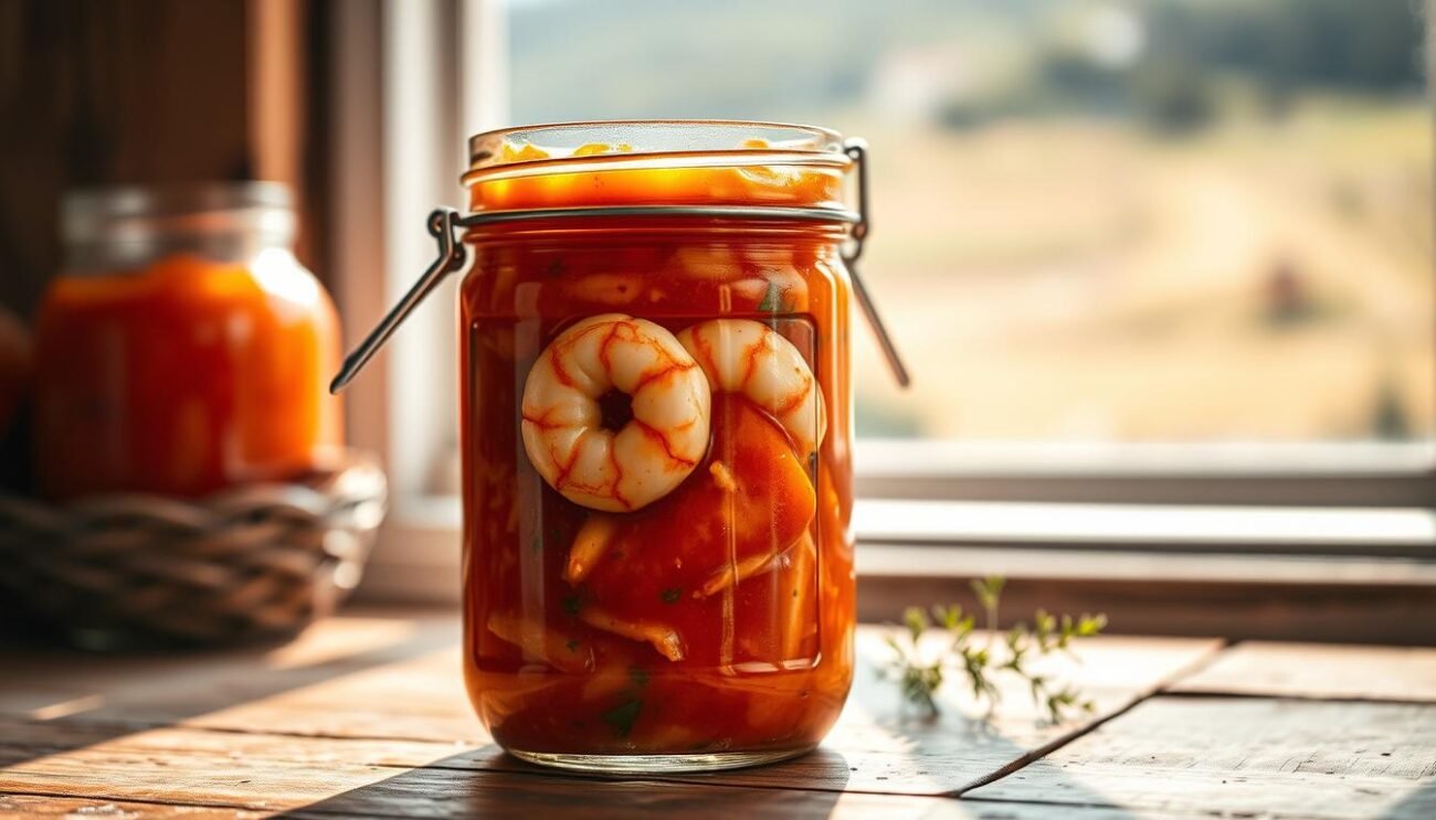 A glass jar filled to the brim with a vibrant, creamy sugo ai gamberi sauce. Glistening shrimp peek out from the thick, aromatic tomato-based mixture, accented by fragrant herbs and a hint of garlic. The jar sits atop a rustic wooden surface, bathed in warm, natural lighting that casts soft shadows and highlights the rich, appetizing hues. In the background, an out-of-focus Italian landscape can be seen through a window, completing the authentic, homemade feel. The overall composition conveys a sense of carefully preserved culinary delight, ready to be savored.