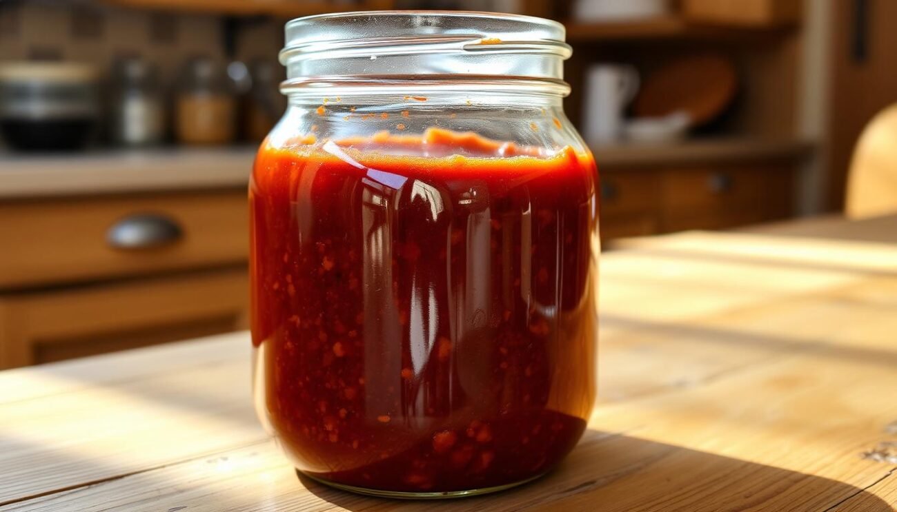 A glass jar filled with a rich, burgundy-colored ragù di cinghiale, the classic Tuscan wild boar sauce. The jar is placed on a rustic wooden table, its contents visible through the clear glass. Soft, natural lighting illuminates the scene, casting gentle shadows and highlighting the glossy sheen of the sauce. In the background, a tidy kitchen counter or shelves can be seen, hinting at the culinary setting. The overall mood is one of homely, traditional Italian cuisine, inviting the viewer to imagine the flavors and aromas of this well-preserved ragù.