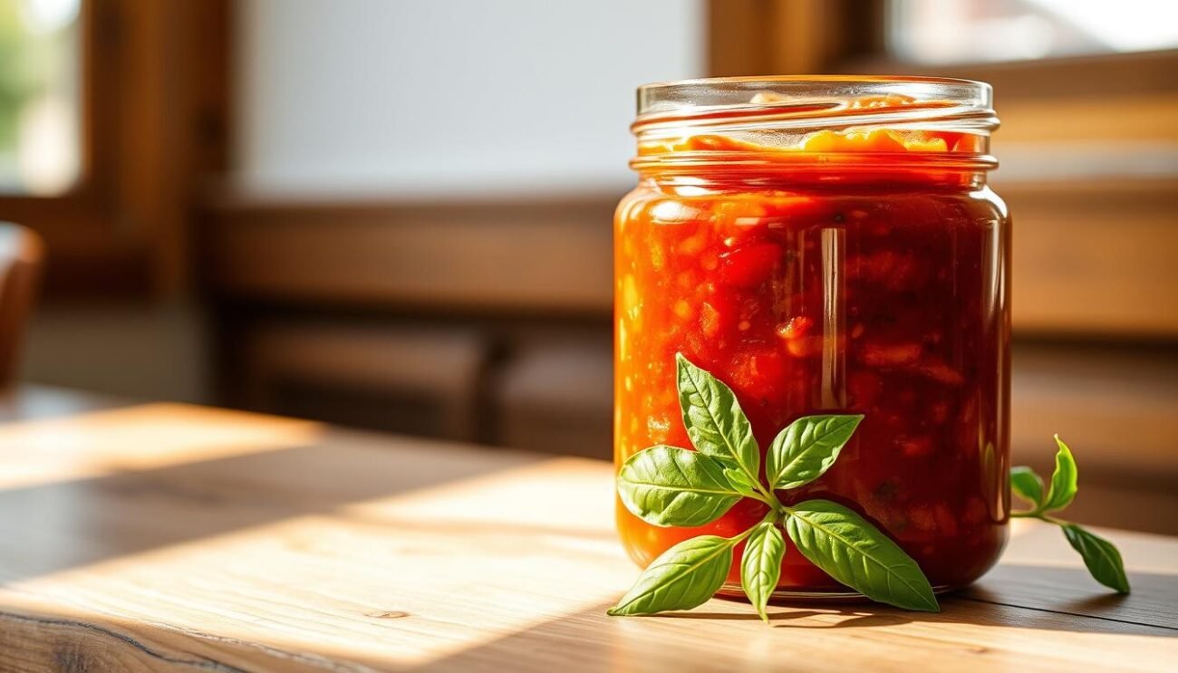 A glass jar filled with a rich, ruby-red tomato sauce, accented by the warm tones of canned tuna. The jar sits on a wooden table, bathed in soft, natural light streaming in from a nearby window. The sauce glistens, hinting at its thick, velvety texture. Alongside the jar, a few sprigs of fresh basil add a pop of vibrant green, complementing the savory flavors. The composition evokes a sense of rustic Italian charm, capturing the essence of a classic "Sugo Tonno e Pomodoro" dish ready for storage and future enjoyment.