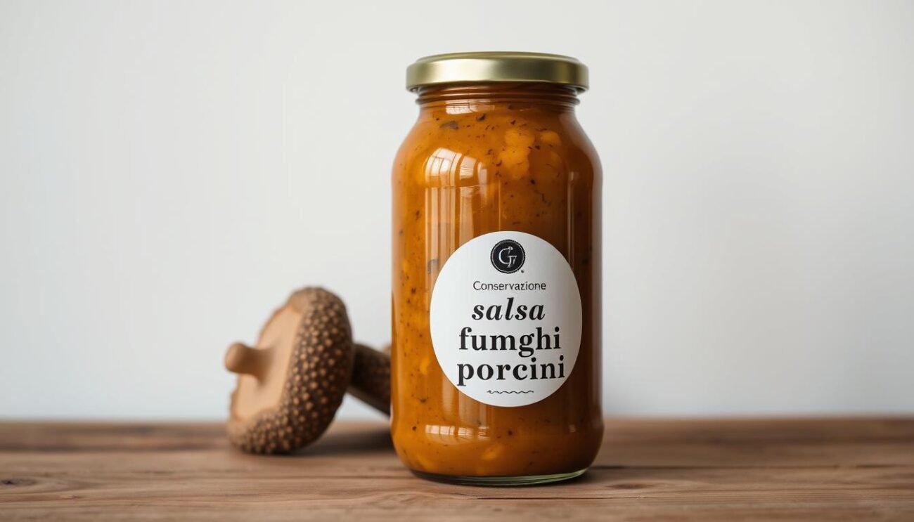A glass jar filled with golden-brown porcini mushroom sauce sits atop a wooden surface, its contents glistening under the warm, soft lighting. The jar's label prominently displays the words "Conservazione salsa funghi porcini", informing the viewer of the sauce's contents and its preservation. In the background, a simple white wall provides a clean, minimalist backdrop, allowing the jar and its contents to take center stage. The composition is balanced, with the jar positioned slightly off-center, creating a visually appealing and natural-looking arrangement. The overall mood is one of rustic elegance, evoking the traditional Italian culinary heritage.